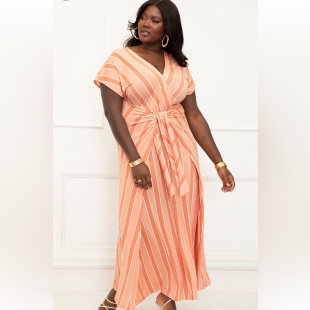 ELOQUII ELEMENTS PEACH & WHITE STRIPED WRAP FRONT TIE SASH MAXI DRESS SZ 22/24